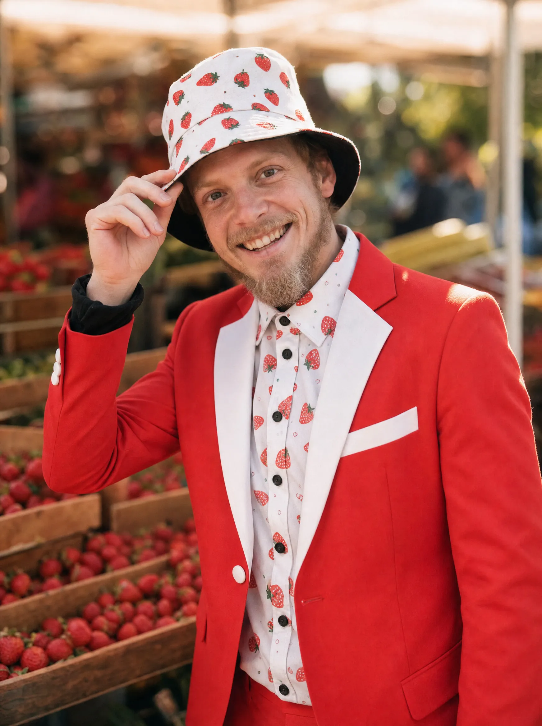 Niels lacht breed met zijn aardbeienhoedje op